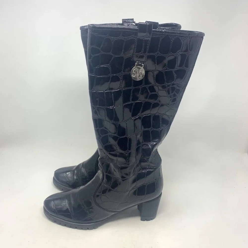 Stuart Weitzman Black Croc Leather Heeled Boots Size US 6 - Picture 9 of 10
